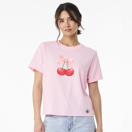 Person wearing a pink t-shirt with cherry design on a white background slots cherries, gamble las vegas casino 