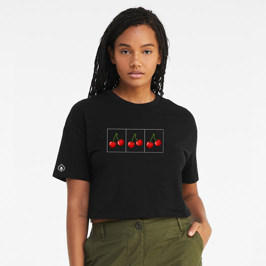 High Limit Club, Cherry Slots, Women’s Jersey Crop Tee - Black las vegas cherries slots gamble