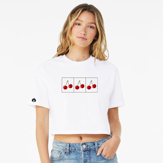 High Limit Club, Cherry Slots, Women’s Jersey Crop Tee - White cherries slots las vegas gamble