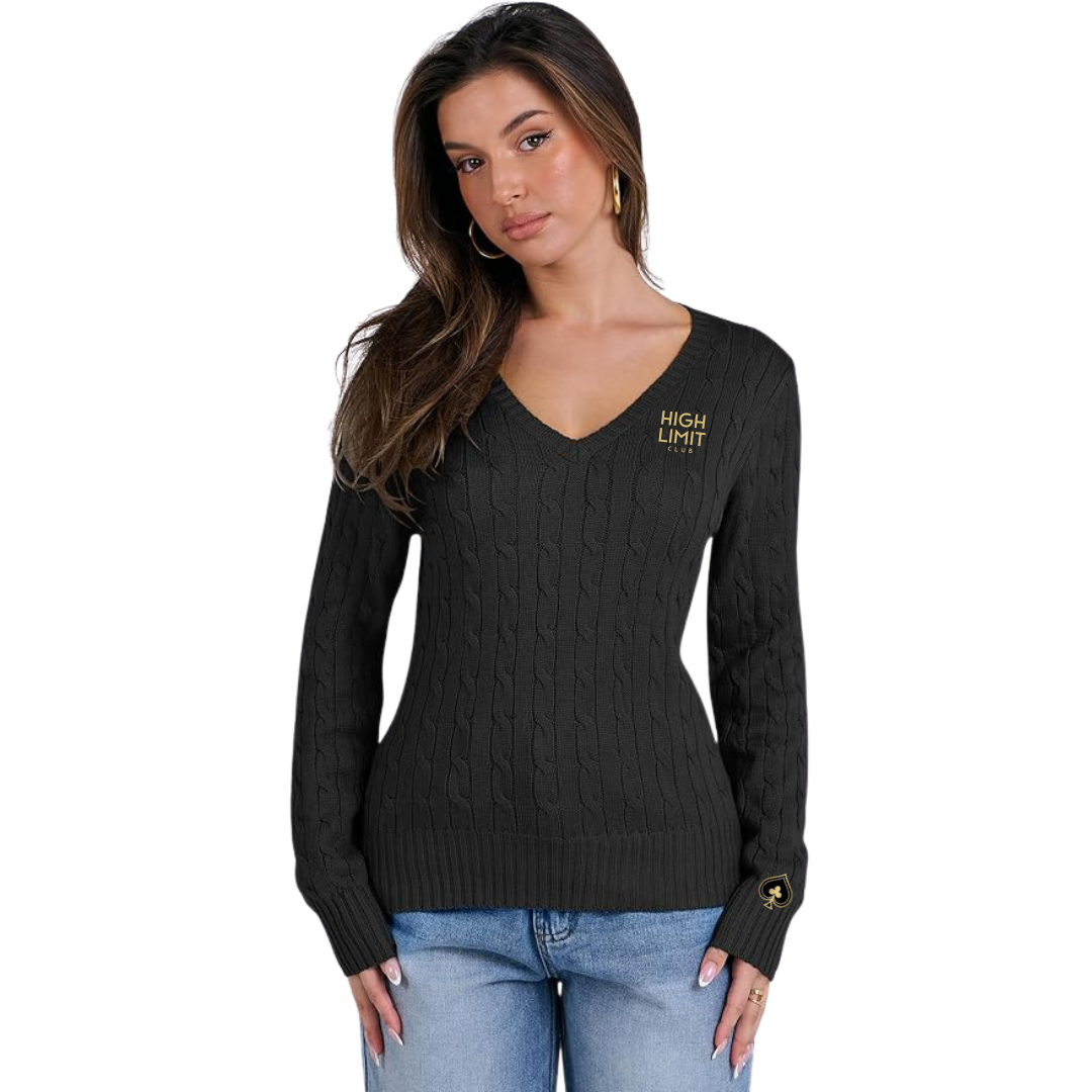 High Limit Club, V Neck Cable Knit Sweater