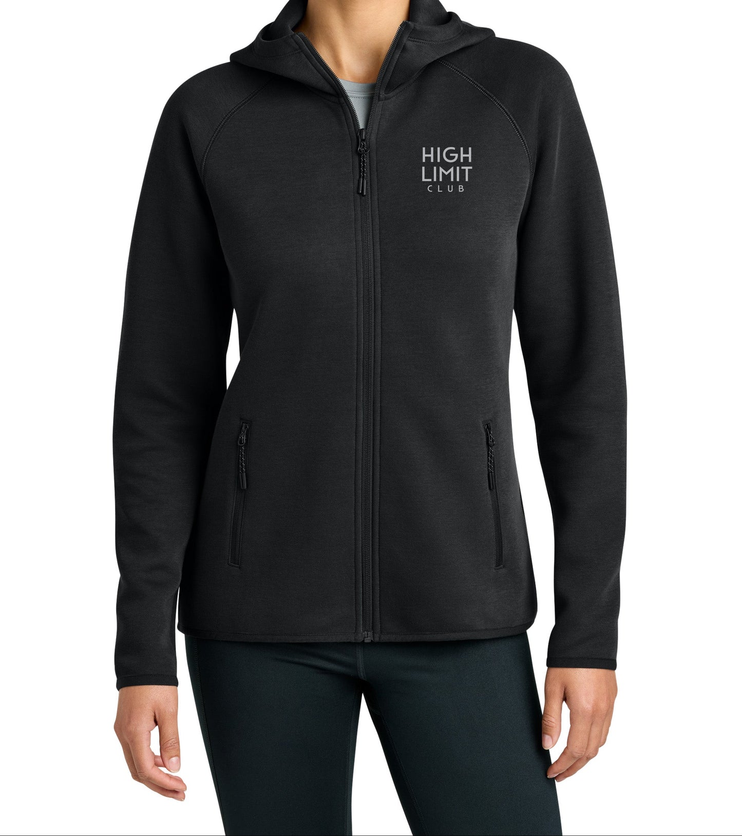 High Limit Club, 3D Effect HLC Stack Logo, Women’s Phenom Full-Zip Hoodie- Black