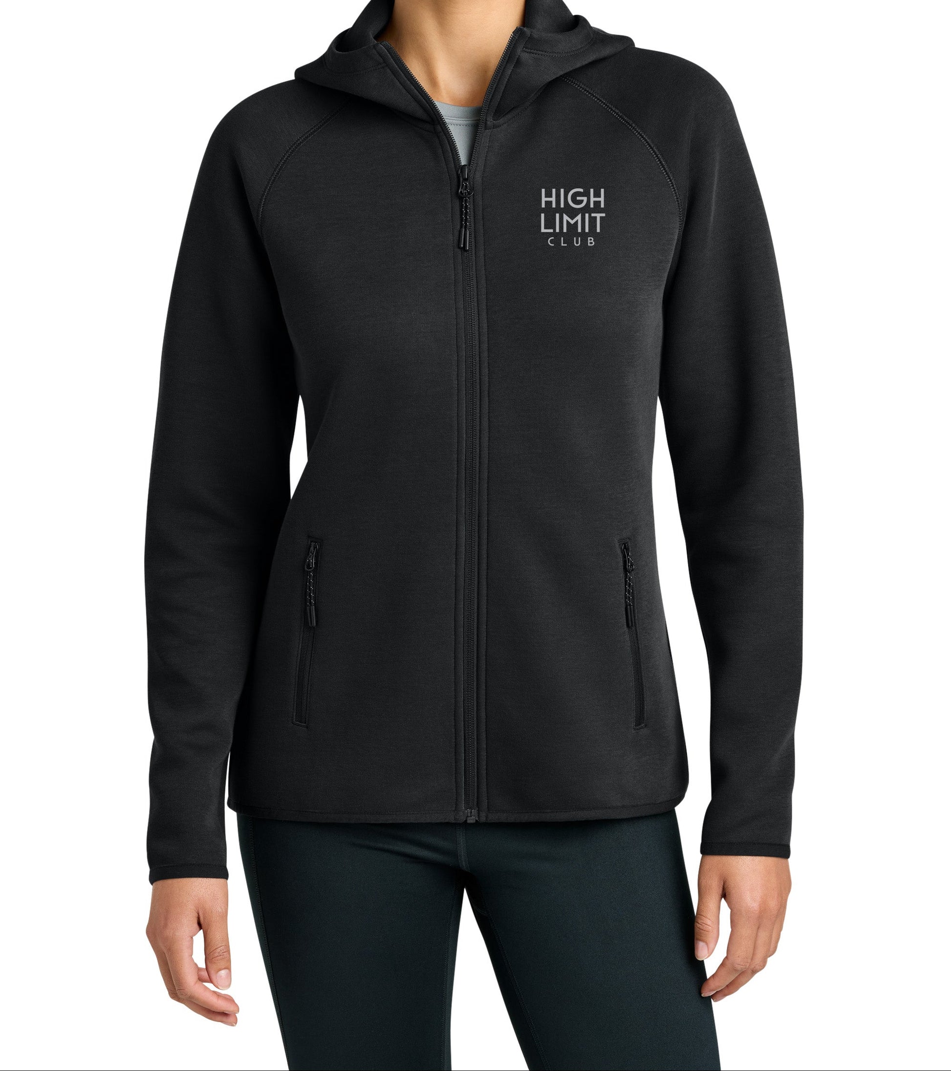 High Limit Club, 3D Effect HLC Stack Logo, Women’s Phenom Full-Zip Hoodie- Black