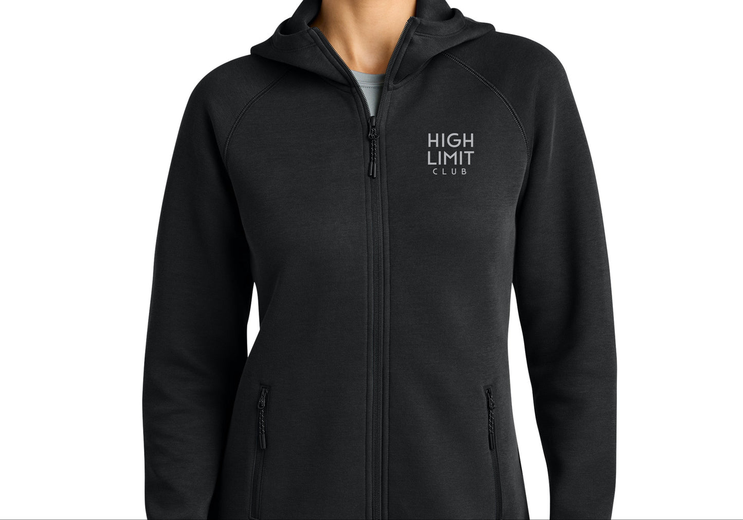 High Limit Club, 3D Effect HLC Stack Logo, Women’s Phenom Full-Zip Hoodie- Black