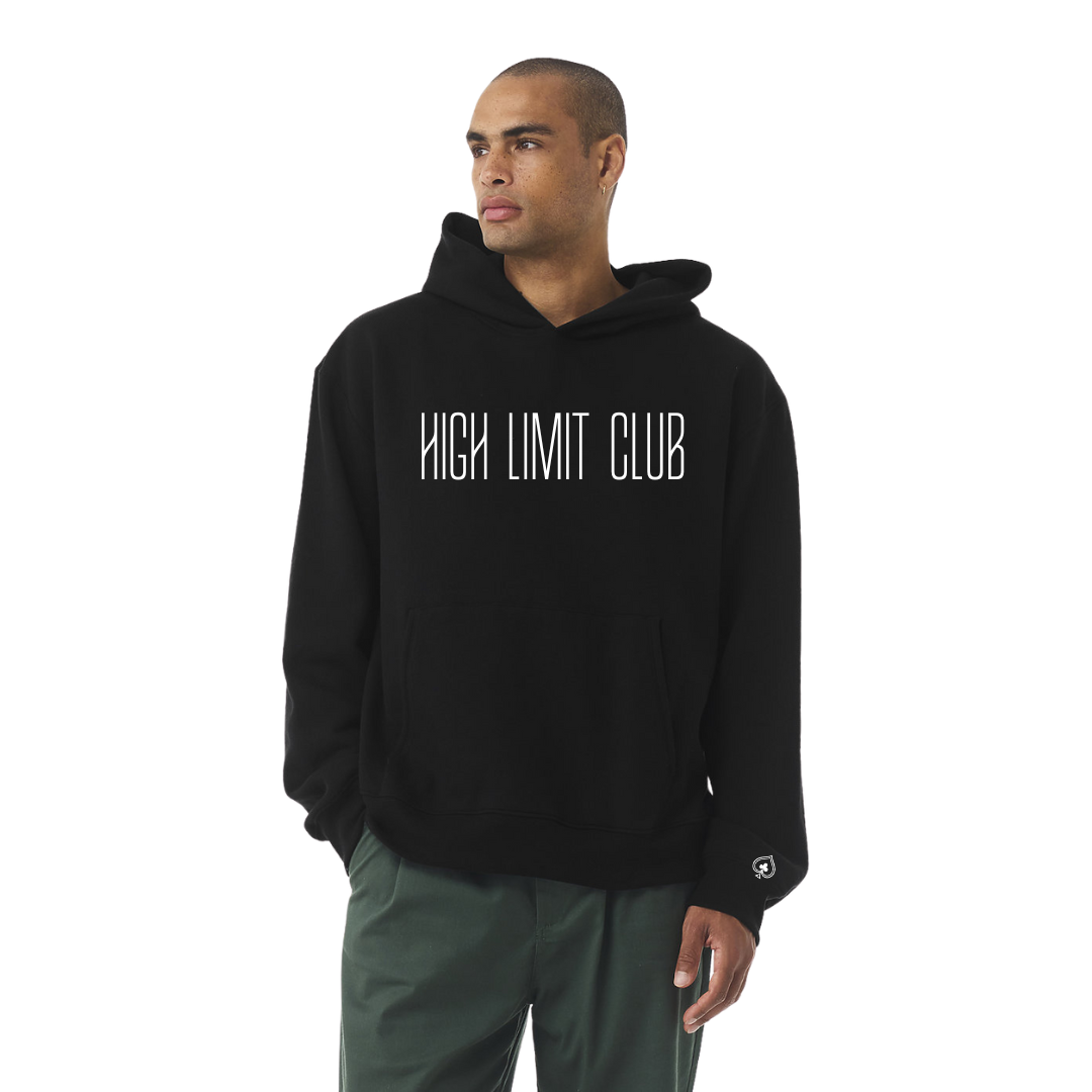 Man wearing a black hoodie with 'HIGH LIMIT CLUB' text on a white background casino gambling gamble las vegas