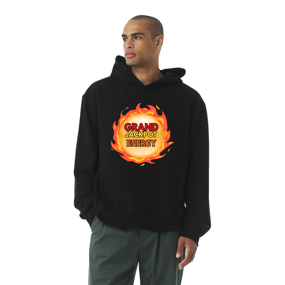 Man wearing a black hoodie with a fiery graphic and text on a white background, grand jackpot energy