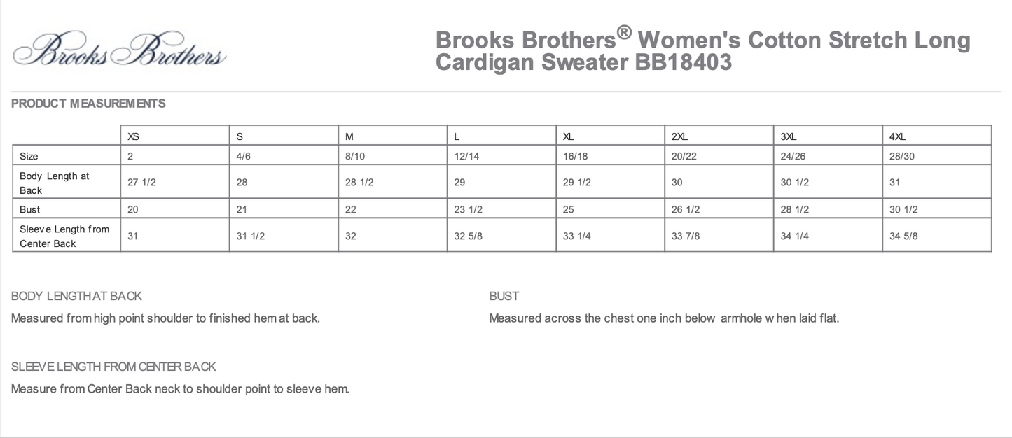 High Limit Club, Women’s Cotton Stretch Long Cardigan Sweater - Size Chart