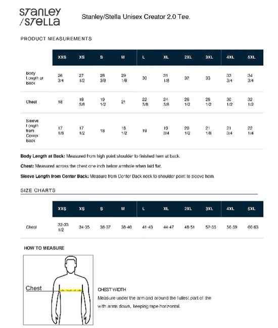 High Limit Club, Clover, Unisex Creator 2.0 T-Shirt - Size Chart