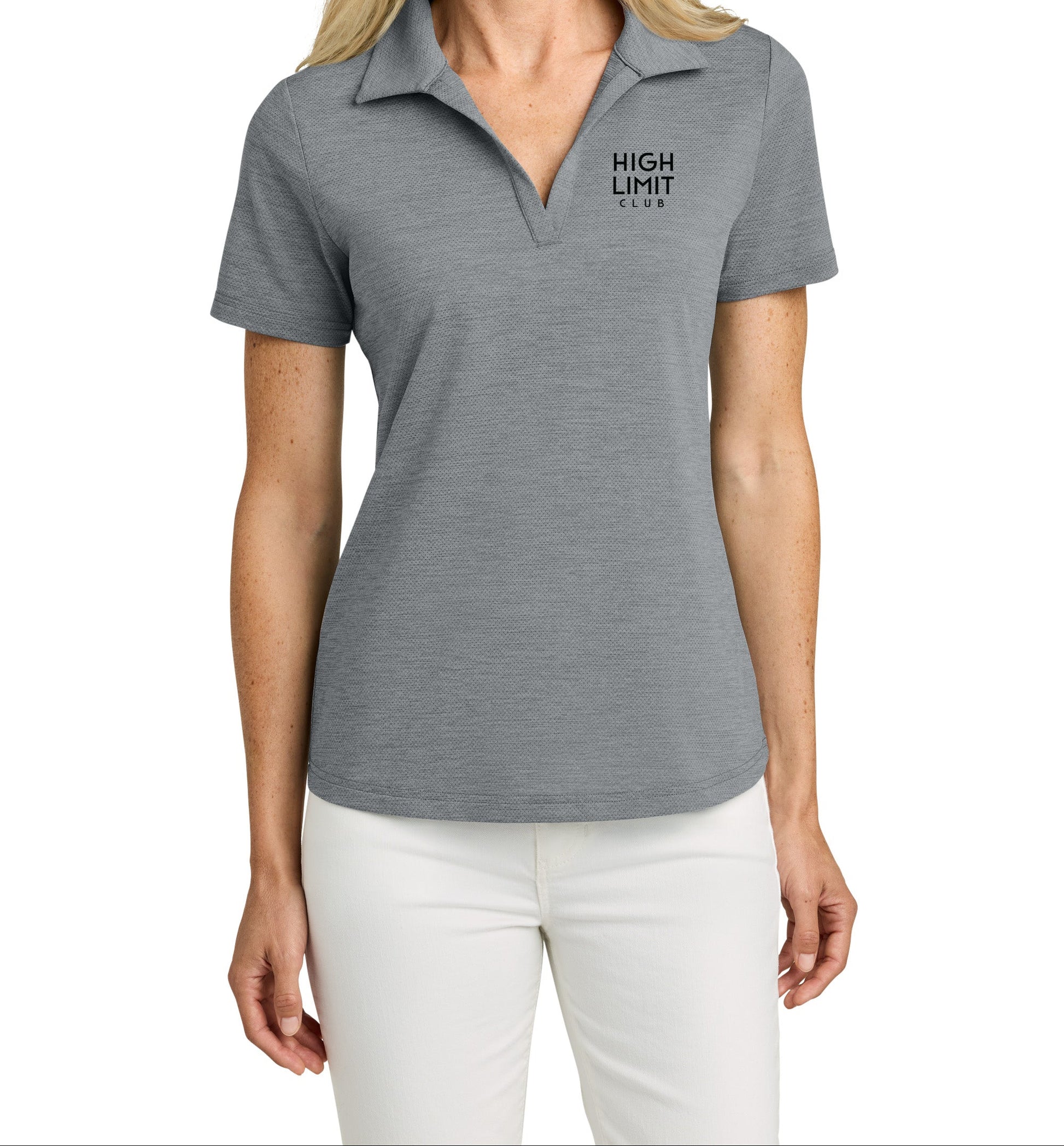 High Limit Club, 3D Effect Stack Logo, TravisMathew Women’s Onward Polo- Black Quiet Shade Grey Heather