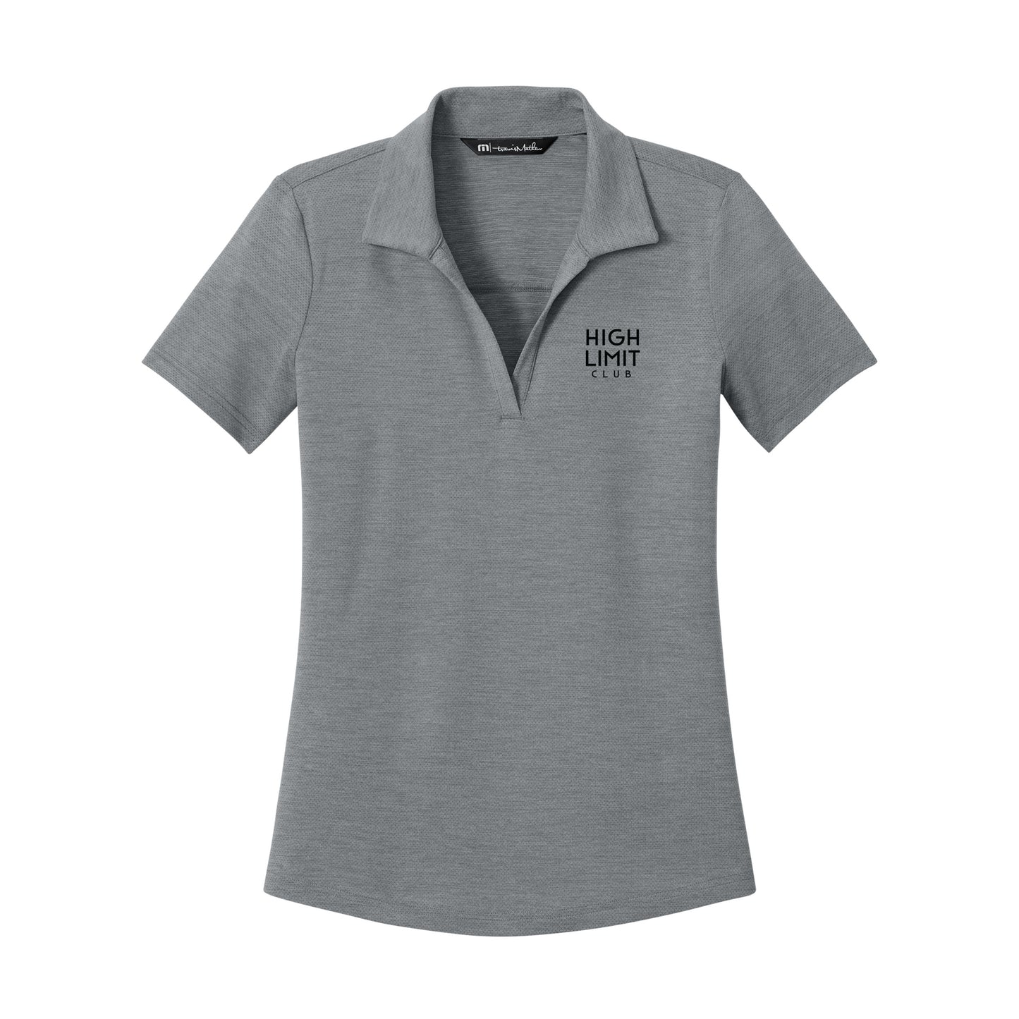 High Limit Club, 3D Effect Stack Logo, TravisMathew Women’s Onward Polo- Black Quiet Shade Grey Heather