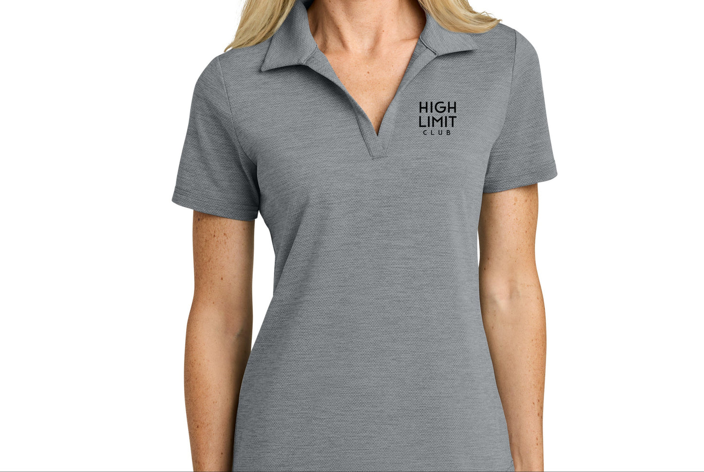 High Limit Club, 3D Effect Stack Logo, TravisMathew Women’s Onward Polo- Black Quiet Shade Grey Heather