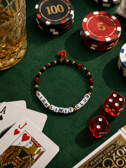 High Limit Club, Lucky Bracelet, Black, Gold, and Red Beads with Heart